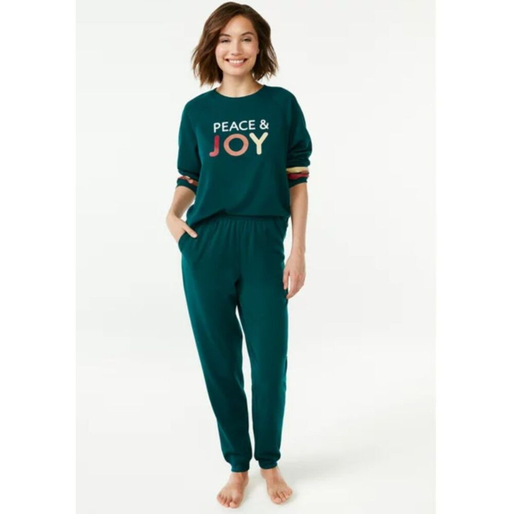 NEW Sz XL Dark Green PEACE & JOY Christmas Holiday 2 Pc Comfy Pajama Lounge Set
